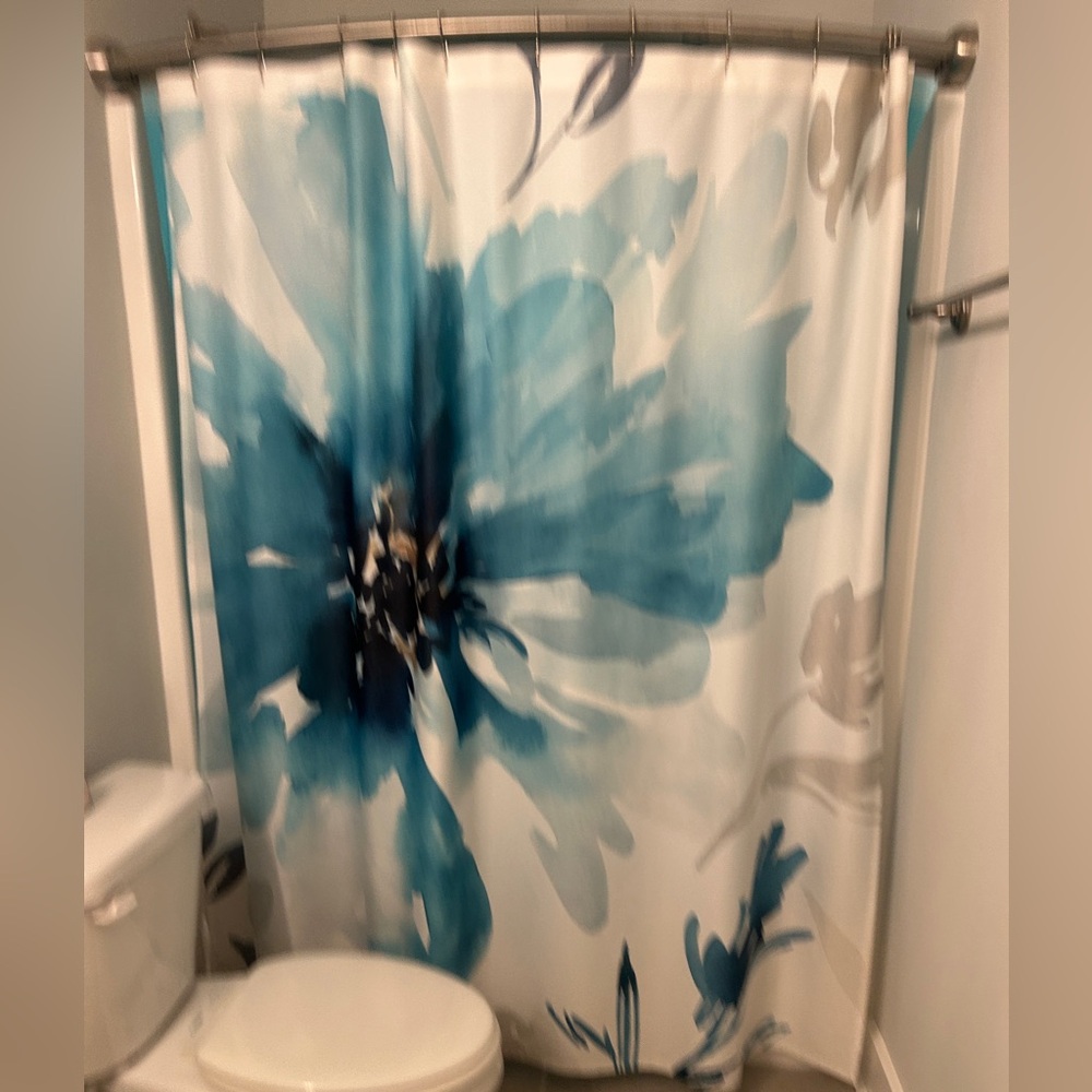 Floral Blue Shower Curtain & rings teal green cream fabric! polyester watercolor